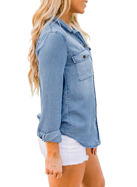 Side view of model wearing blue long sleeves button-up denim shirt