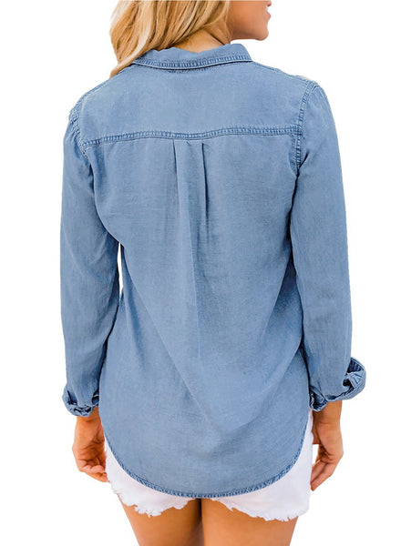 Back view of model wearing blue long sleeves button-up denim shirt