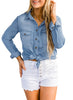Front view of model wearing blue long sleeves button-up denim shirt