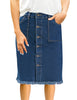 Front view of model wearing dark blue frayed hem button-down midi denim skirt