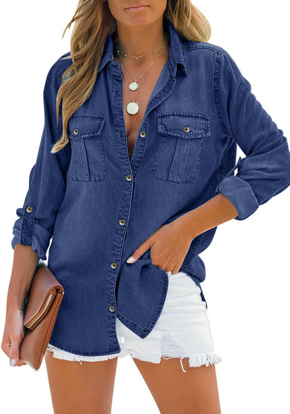 Posing model wearing dark blue long sleeves button-down denim shirt