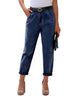 Model wearing deep blue high-waist loose denim mom jeans