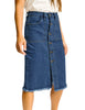 Angled shot of model wearing dark blue frayed hem button-down midi denim skirt