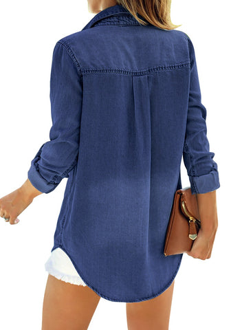 Women's Long Sleeve Collared Shirt Button Down Denim Blouse Tops