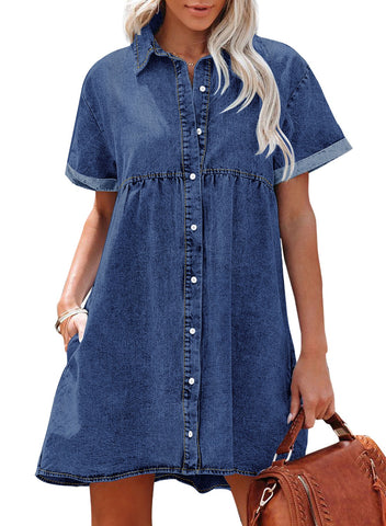 Wishful Blue Women's Short Sleeve Button Down Flowy Tiered Babydoll Denim Dress