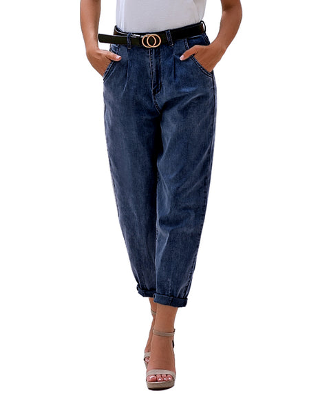 Front view of model wearing deep blue high-waist loose denim mom jeans