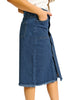 Side view of model wearing dark blue frayed hem button-down midi denim skirt