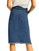 Back view of model wearing dark blue frayed hem button-down midi denim skirt