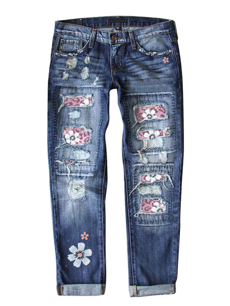 3D image of pink floral-print patch ripped rolled hem denim boyfriend jeans