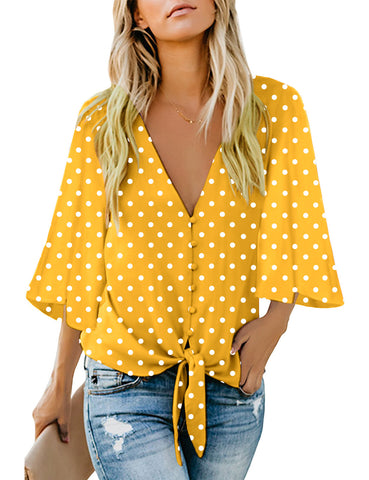 Yellow/White Polka Dot Women's V Neck Button Down Shirts 3/4 Bell Sleeve Tie Knot Blouse