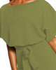Green Olive Womens Summer Belted Romper Keyhole Back Short Sleeve Jumpsuit Playsuit