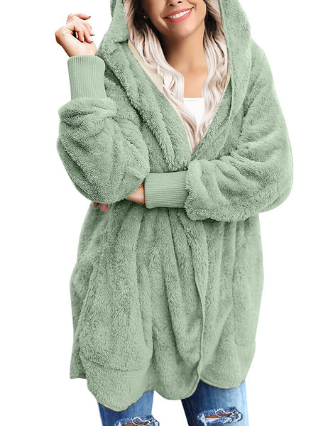 Frontal view of model wearing Sage Green Snuggle Oversized Hooded Cardigan