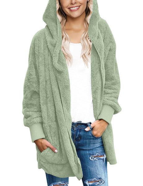 Front view of model wearing Sage Green Snuggle Oversized Hooded Cardigan