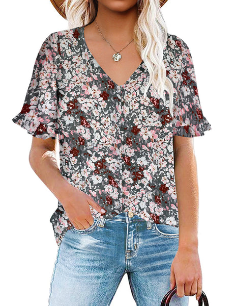 Grey Ruffle Trim Short Sleeves Printed V-Neck Button-Down Top