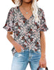 Pretty model wearing grey trim short sleeves printed V-neck button-down top