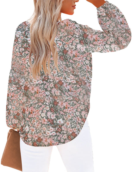 Back view of model wearing grey long sleeves V-neckline floral-print boho blouse