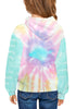 Back view of model wearing multicolor tie-dye long sleeves girls' pullover hoodie