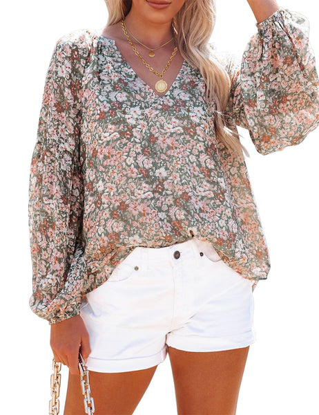 Front view of model wearing grey long sleeves V-neckline floral-print boho blouse