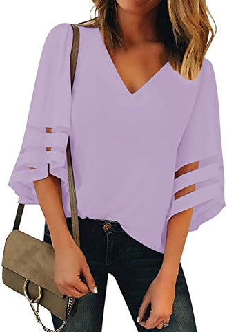 Women's V Neck Shirt Printed Top 3/4 Bell Sleeve Mesh Panel Blouse