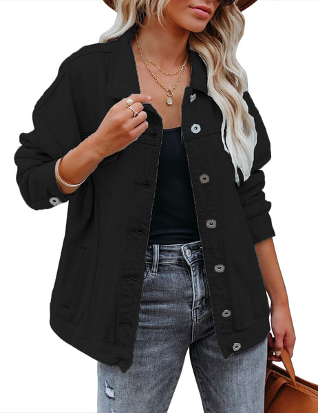 Model wearing black drop shoulder button-down vintage denim jacket