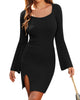 Womens Sweater Dress Bodycon Square Neck Slit Short Dresses Bell Long Sleeve Knit Sexy Outfit