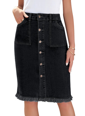 Black Frayed Hem Button-Down Midi Denim Skirt