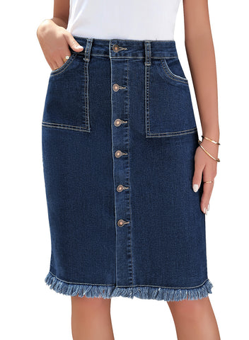 Deep Blue Frayed Hem Button-Down Midi Denim Skirt