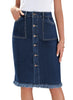Front view of model wearing deep blue frayed hem button-down midi denim skirt
