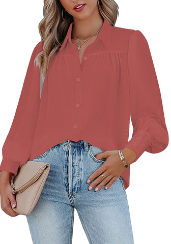 Dark Blush Lantern Sleeves Button-Down Pleated Chiffon Top