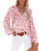 Model wearing coral long sleeves V-neckline floral-print boho blouse