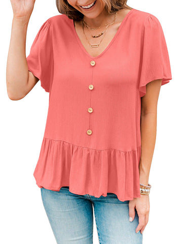 Coral Pink V-Neckline Buttons Loose Peplum Top