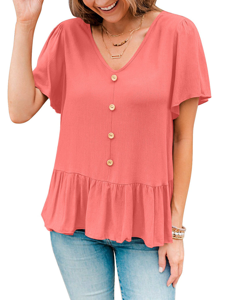 Coral Pink V Neckline Buttons Loose Peplum Top Lookbook Store