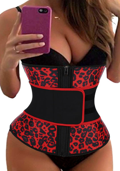 Model poses wearing red leopard women’s corset waist trainer