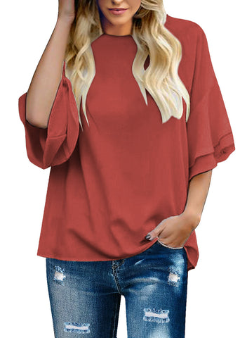 Cranberry Women's Summer Blouse Casual Ruffle 3/4 Sleeve Tops Loose Shirts