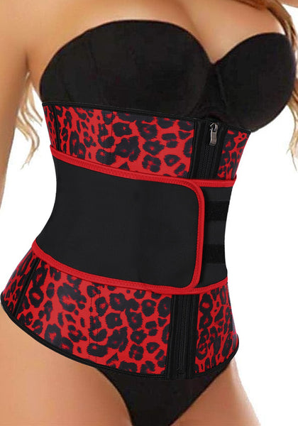 Model wearing red leopard women’s corset waist trainer