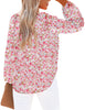 Back view of model wearing coral long sleeves V-neckline floral-print boho blouse