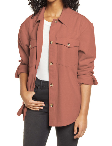 Model wearing Rust Red Long Sleeves Button Down Shirt Jacket