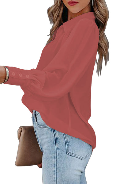 Side view of model wearing dark blush lantern sleeves button-down pleated chiffon top
