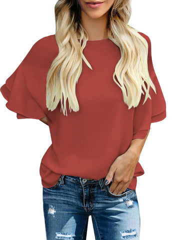 Cranberry Women's Summer Blouse Casual Ruffle 3/4 Sleeve Tops Loose Shirts