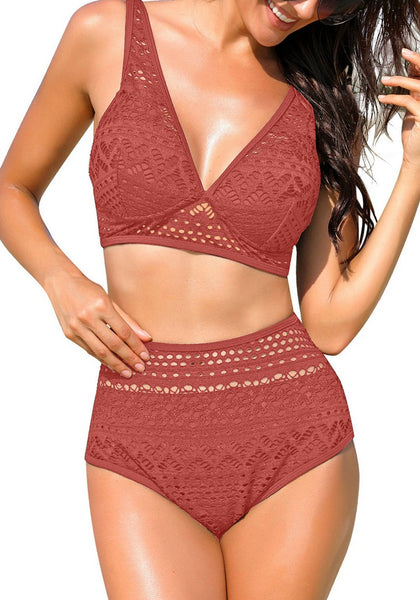 Sexy model wearing dark coral pink lace crochet V-neckline high waist bikini set