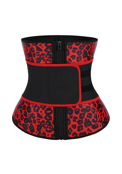 Front view of red leopard women’s corset waist trainer 3D image