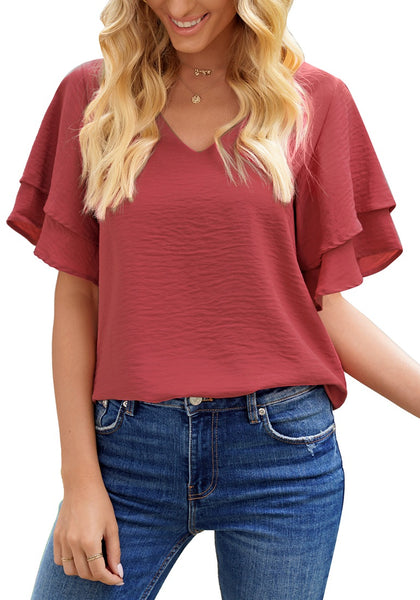 Front view of model wearing Dark Blush Layered Flutter Sleeves Wide V-Neck Top