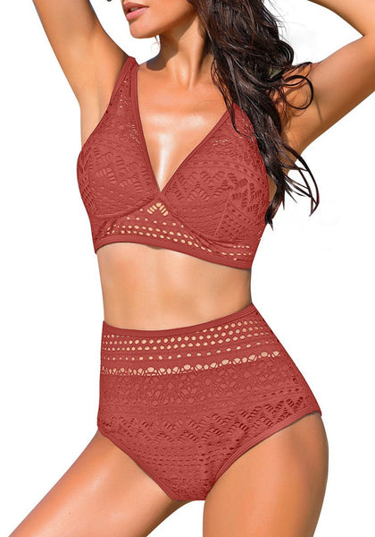 Model poses wearing dark coral pink lace crochet V-neckline high waist bikini set