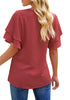 Back view of model wearing Dark Blush Layered Flutter Sleeves Wide V-Neck Top