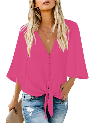 Hot Pink Women's V Neck Button Down Shirts 3/4 Bell Sleeve Tie Knot Blouse