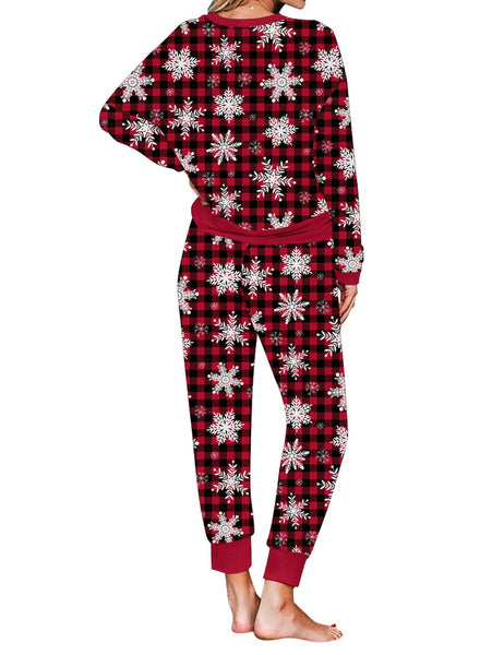 Back view of model wearing Red Checkered Snowflake Long Sleeves Drawstring Jogger Loungewear Set