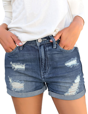 Women's High Waisted Rolled Hem Distressed Jeans Ripped Denim Shorts