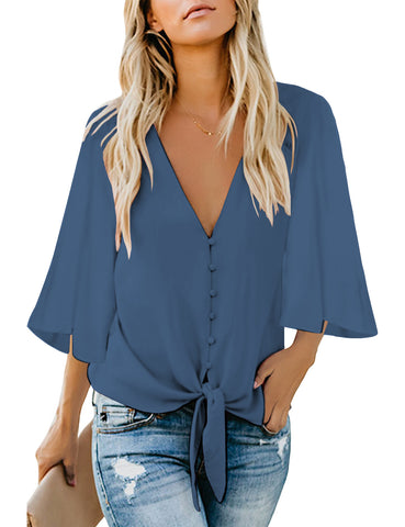 Riverside Blue Women's V Neck Button Down Shirts 3/4 Bell Sleeve Tie Knot Blouse