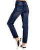 Back view of model wearing grey floral-print patch ripped rolled hem denim boyfriend jeans