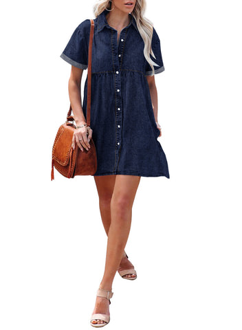 slim fit dress slacks Twilight Blue Women's Short Sleeve Button Down Flowy Tiered Babydoll D –  Lookbook Store